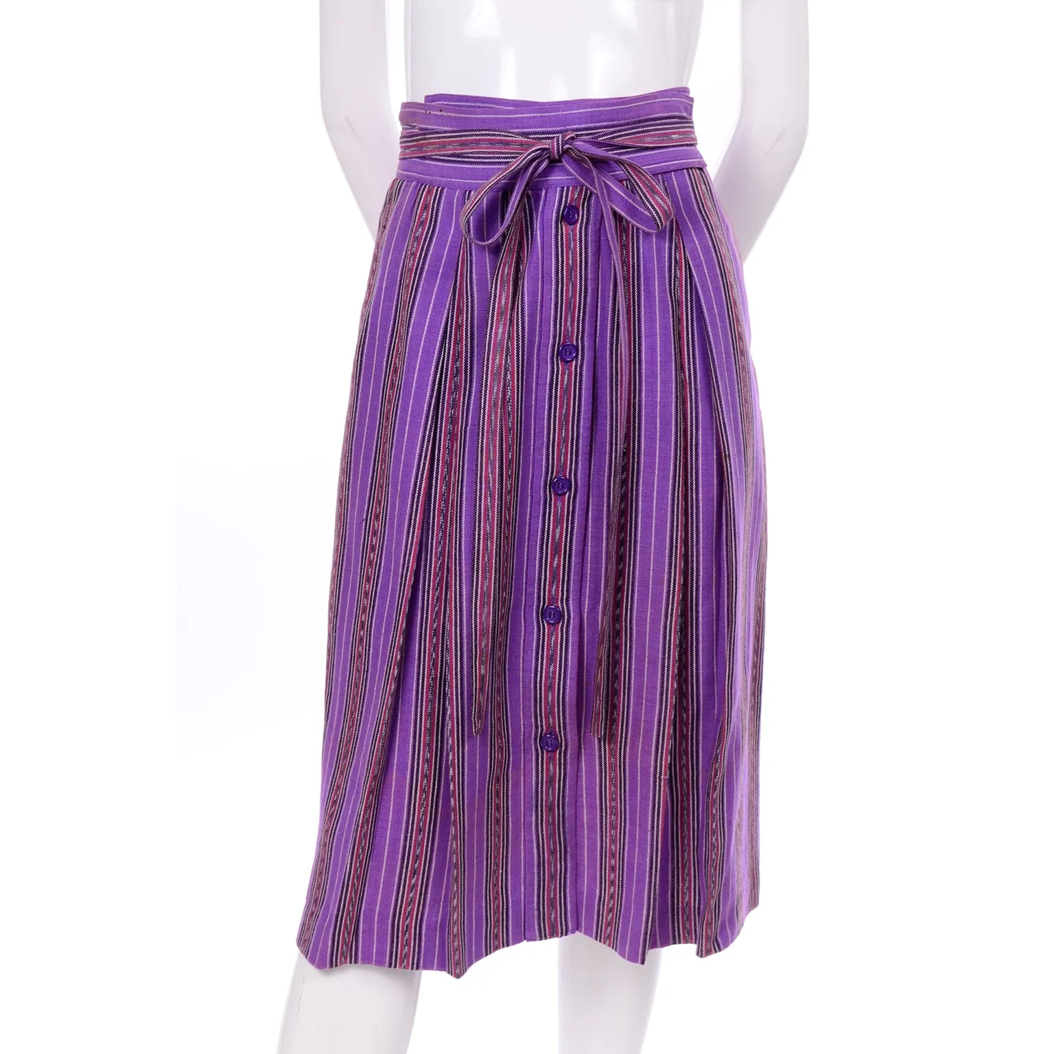 1970s Yves Saint Laurent YSL Vintage Purple Striped Skirt w/ Belt