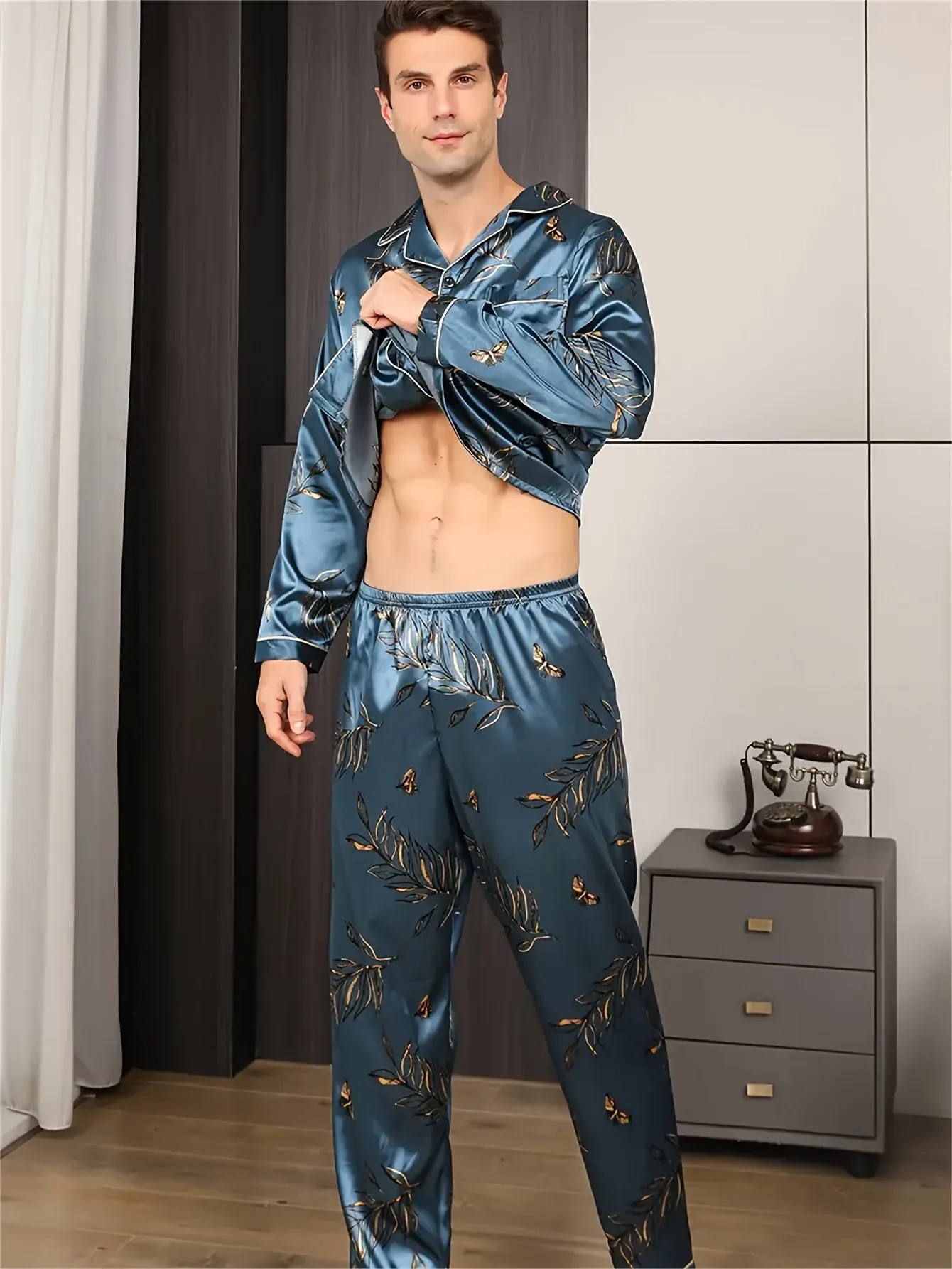 2 Pcs Men's Trendy Striped Print Long Sleeve & Trousers Pajama Sets, Comfortable & Skin-friendly Style Pajamas For Men's Cozy Loungewear