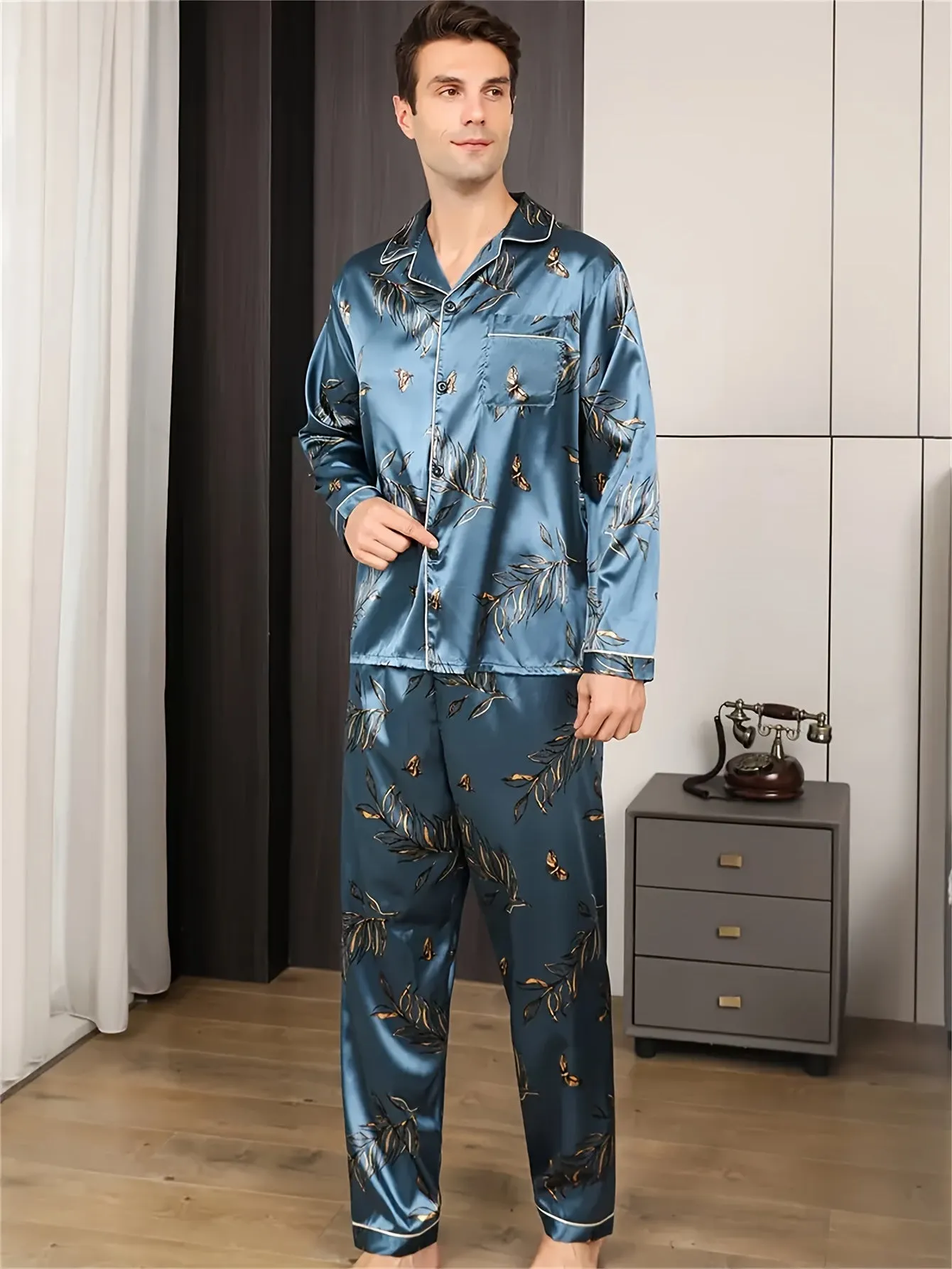 2 Pcs Men's Trendy Striped Print Long Sleeve & Trousers Pajama Sets, Comfortable & Skin-friendly Style Pajamas For Men's Cozy Loungewear