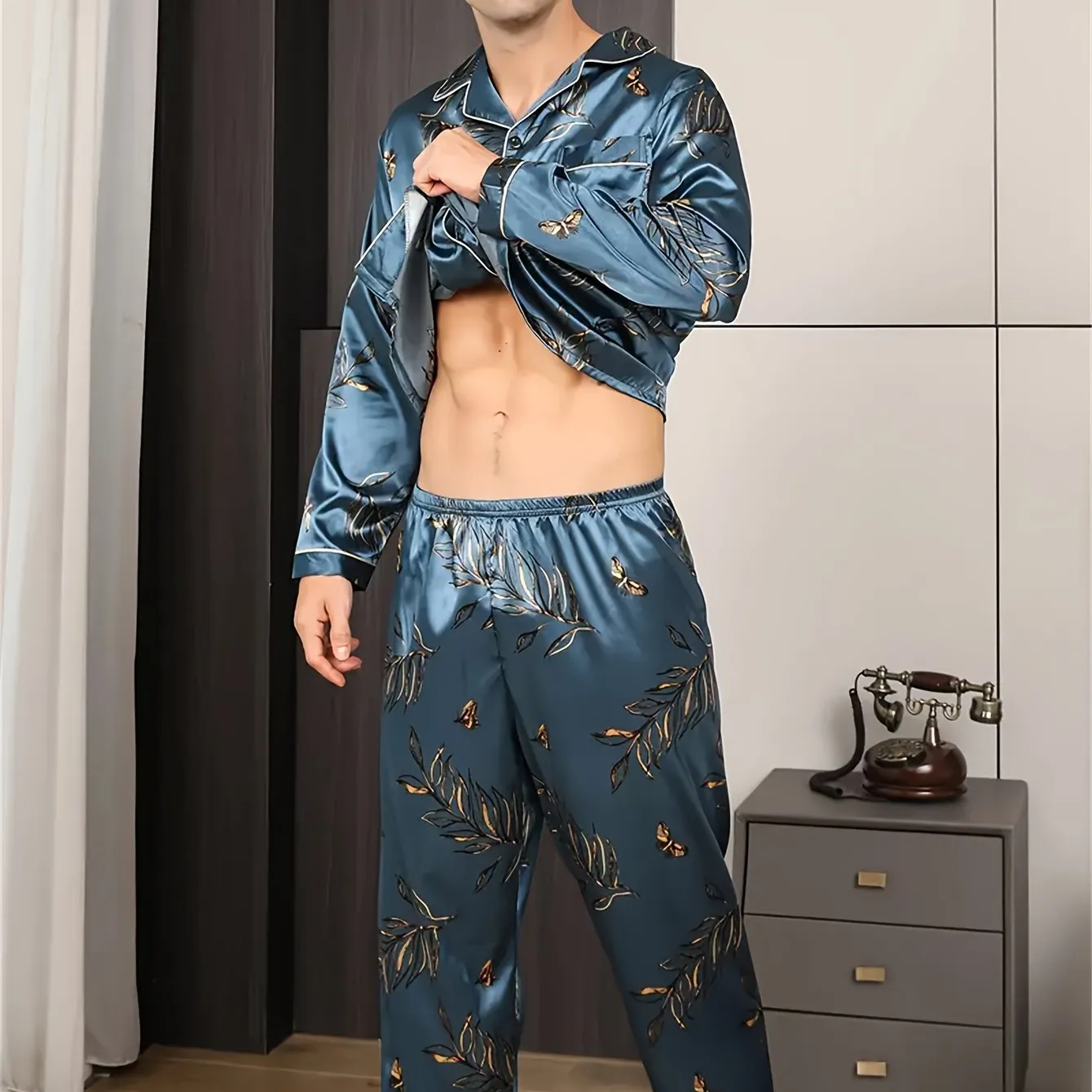 2 Pcs Men's Trendy Striped Print Long Sleeve & Trousers Pajama Sets, Comfortable & Skin-friendly Style Pajamas For Men's Cozy Loungewear