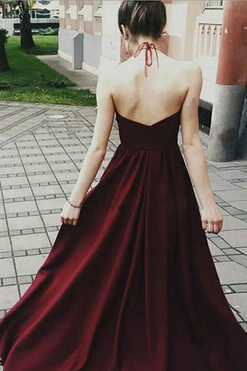 A Line Halter Neck Backless Floor Length Lace Maroon Long Prom, Maroon Lace Formal, Evening