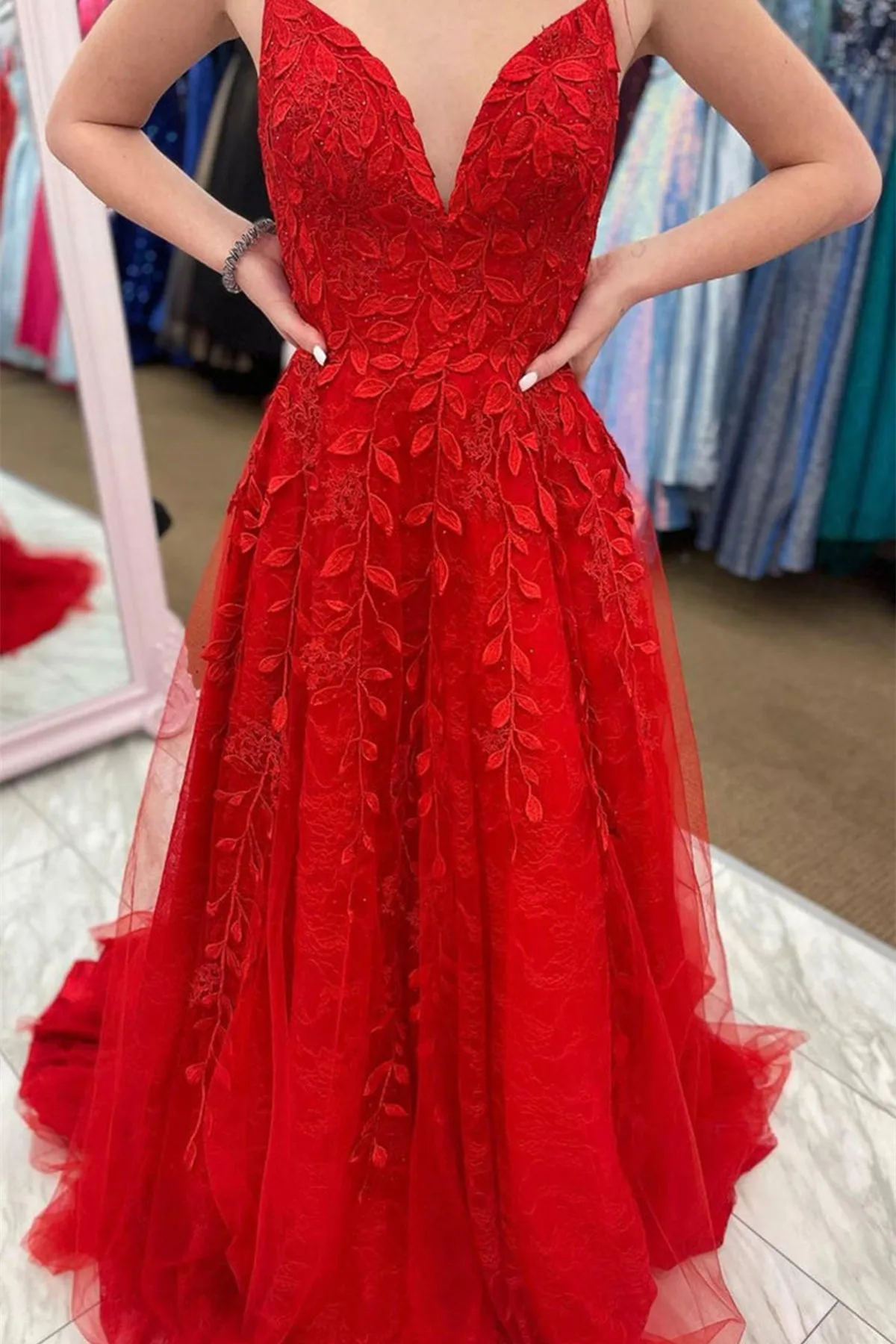 A Line V Neck Backless Red Lace Long Prom Dress, Backless Red Formal Dress, Red Lace Evening Dress A1438