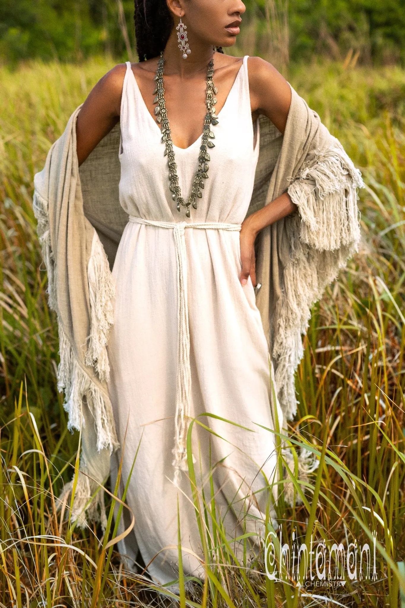 Alma Libra Fringe Boho Shawl ∆ Bohemian Scarf / Sage Green