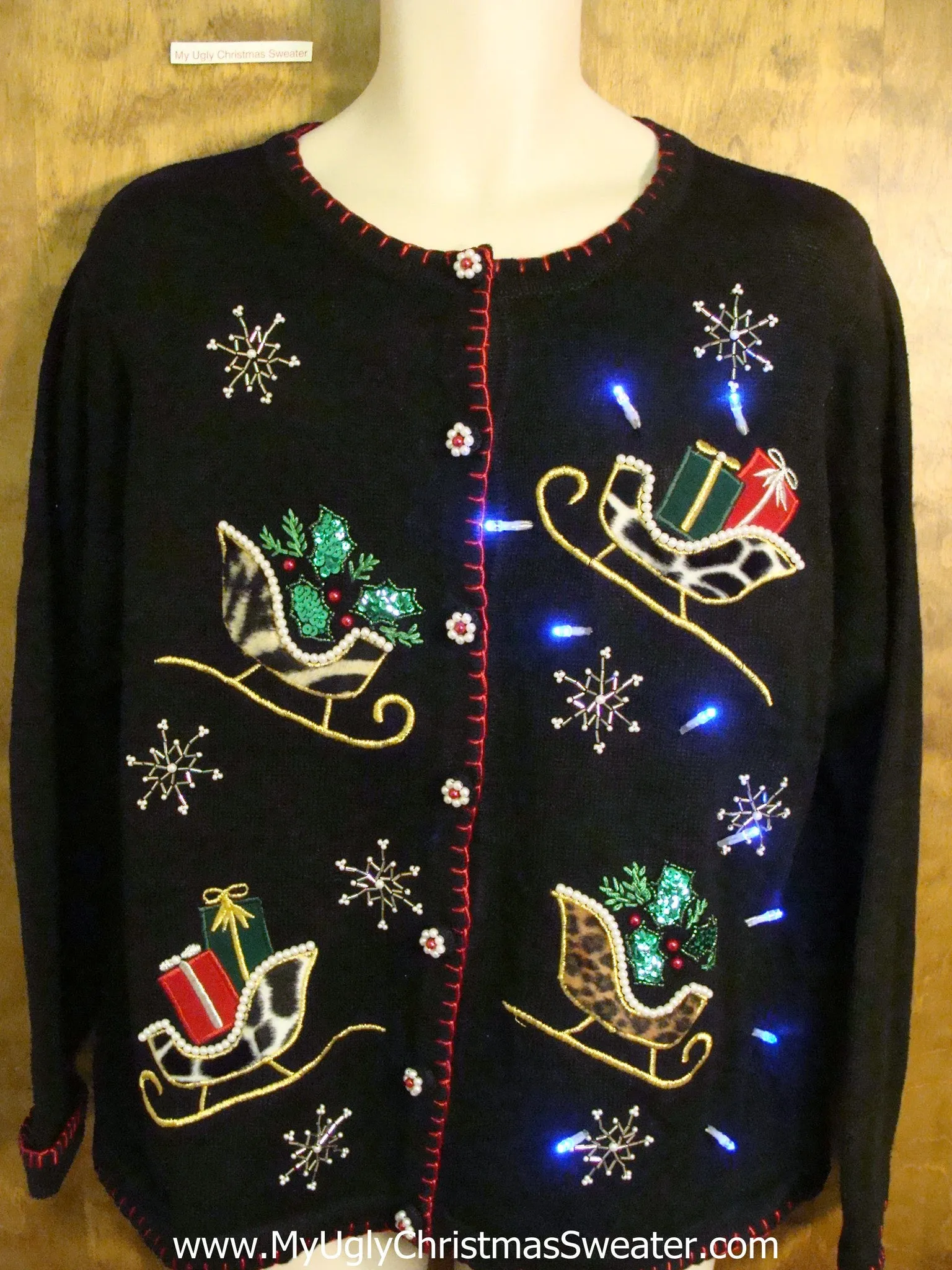 Animal Print Sleighs Light Up Cheesy Christmas Sweater