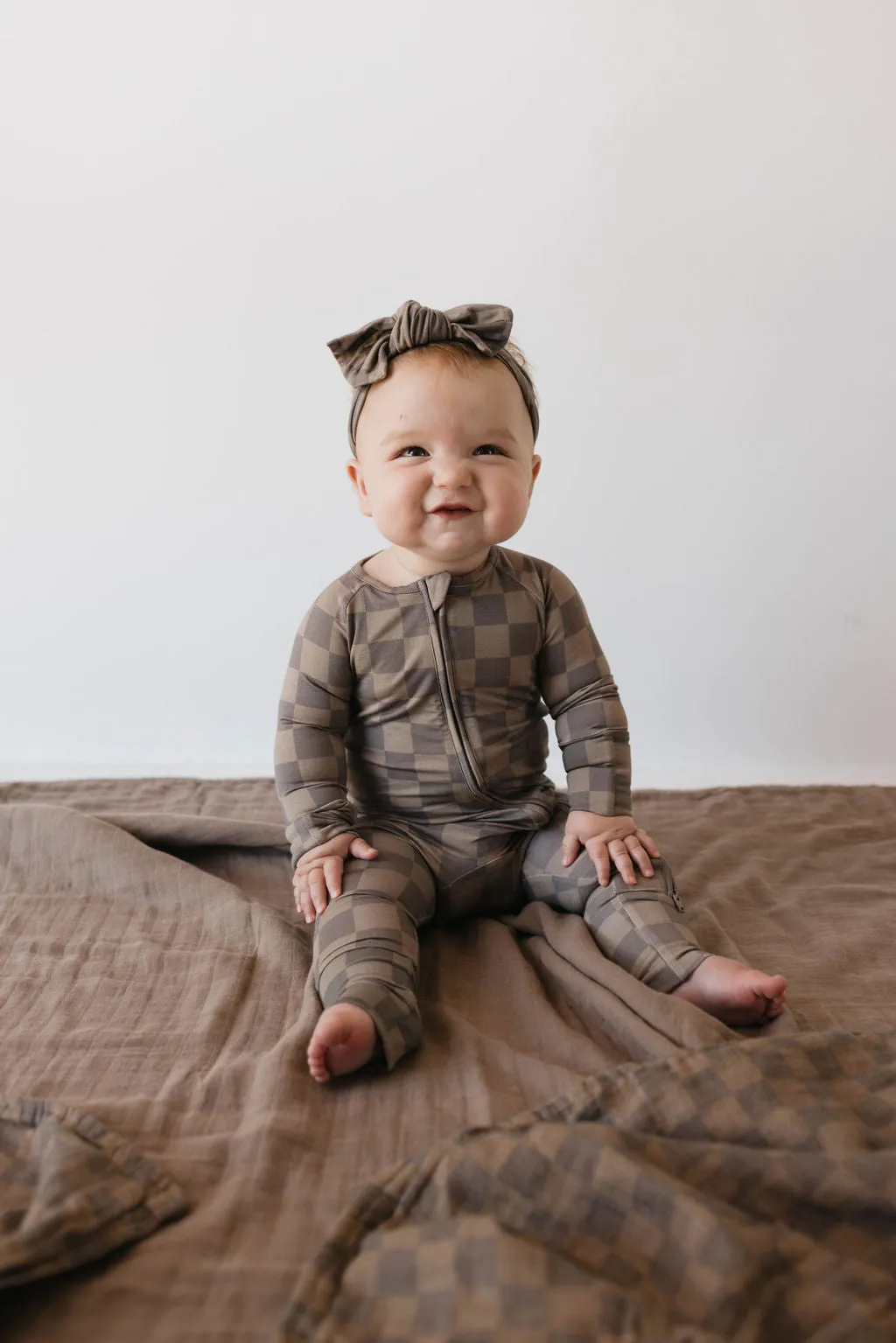 Bamboo Zip Pajamas  | Faded Brown Checkerboard