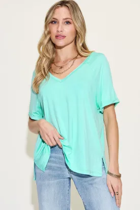 Basic Bae Full Size Bamboo Slit V-Neck Short Sleeve T-Shirt