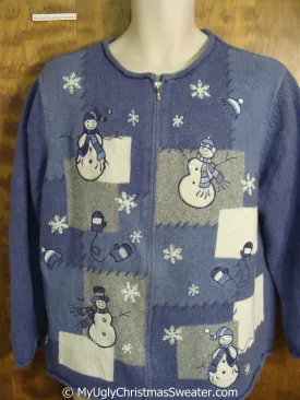 Blue Christmas Sweater with Patchwork Snowmen