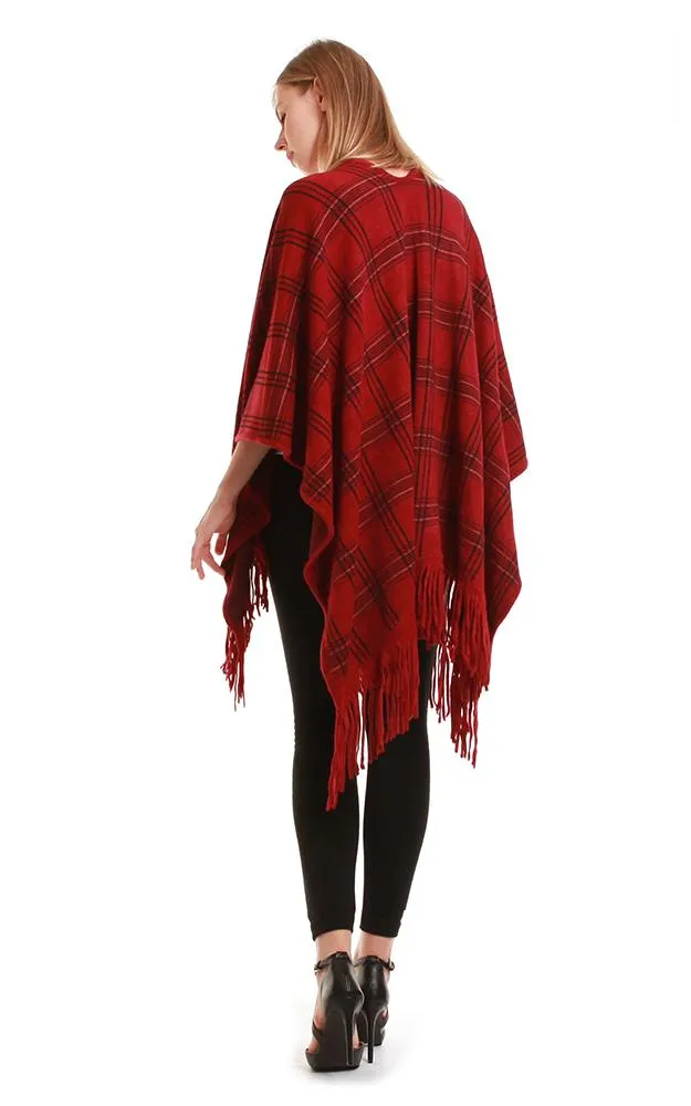 Burgundy Plaid Ruana With Fringe