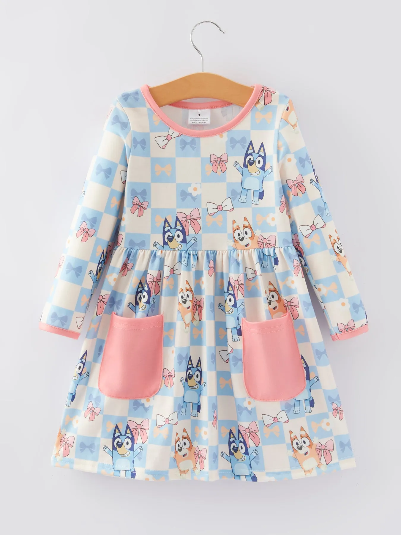 Cartoon Girls Print Blue Dress with Pocket