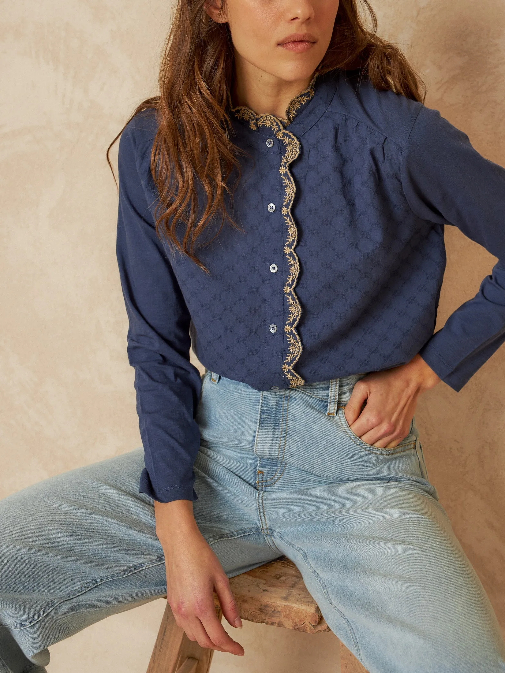 Combined Contrast Blouse Blue