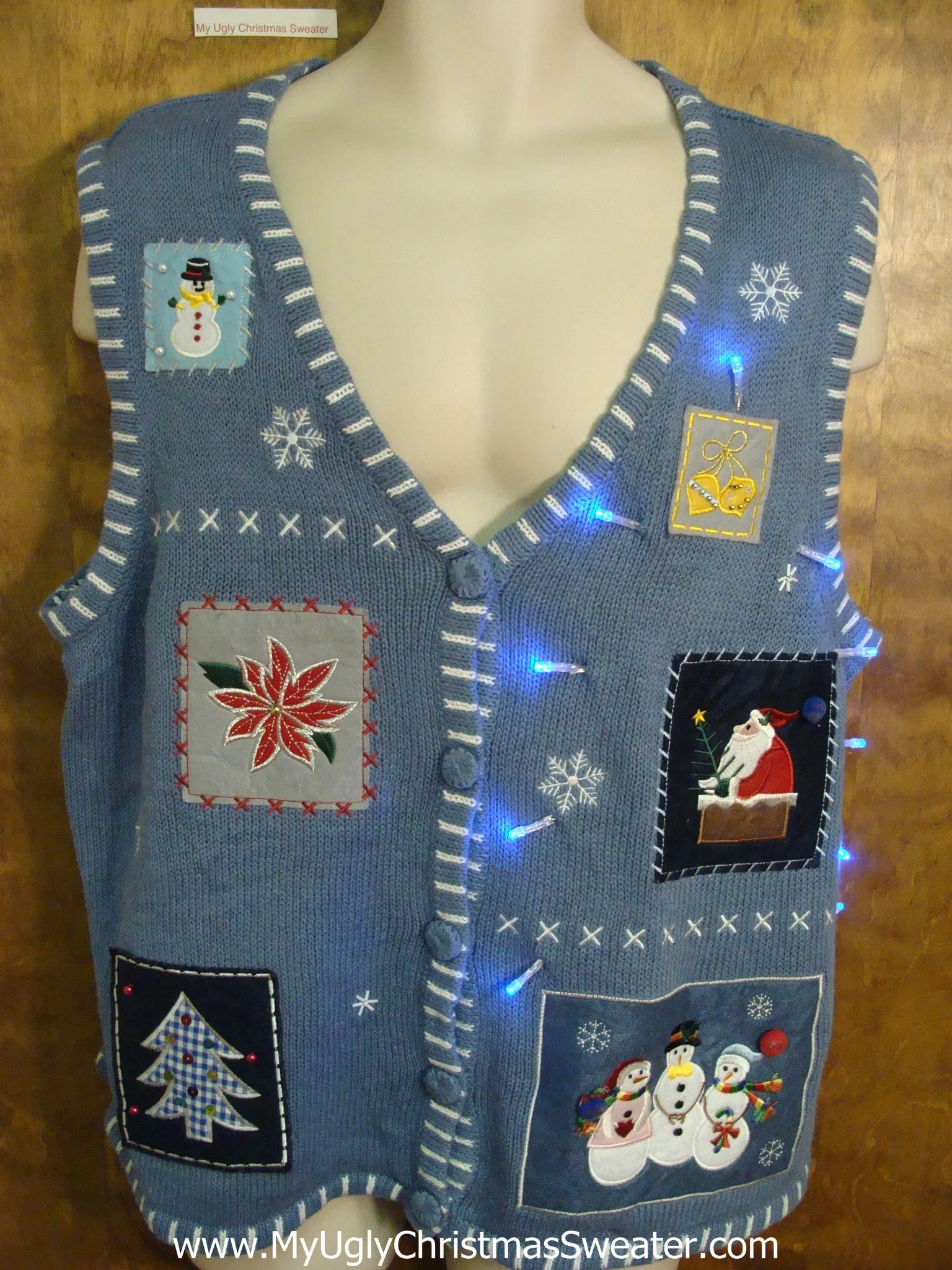 Cute Blue Crafty Christmas Sweater Vest with Lights