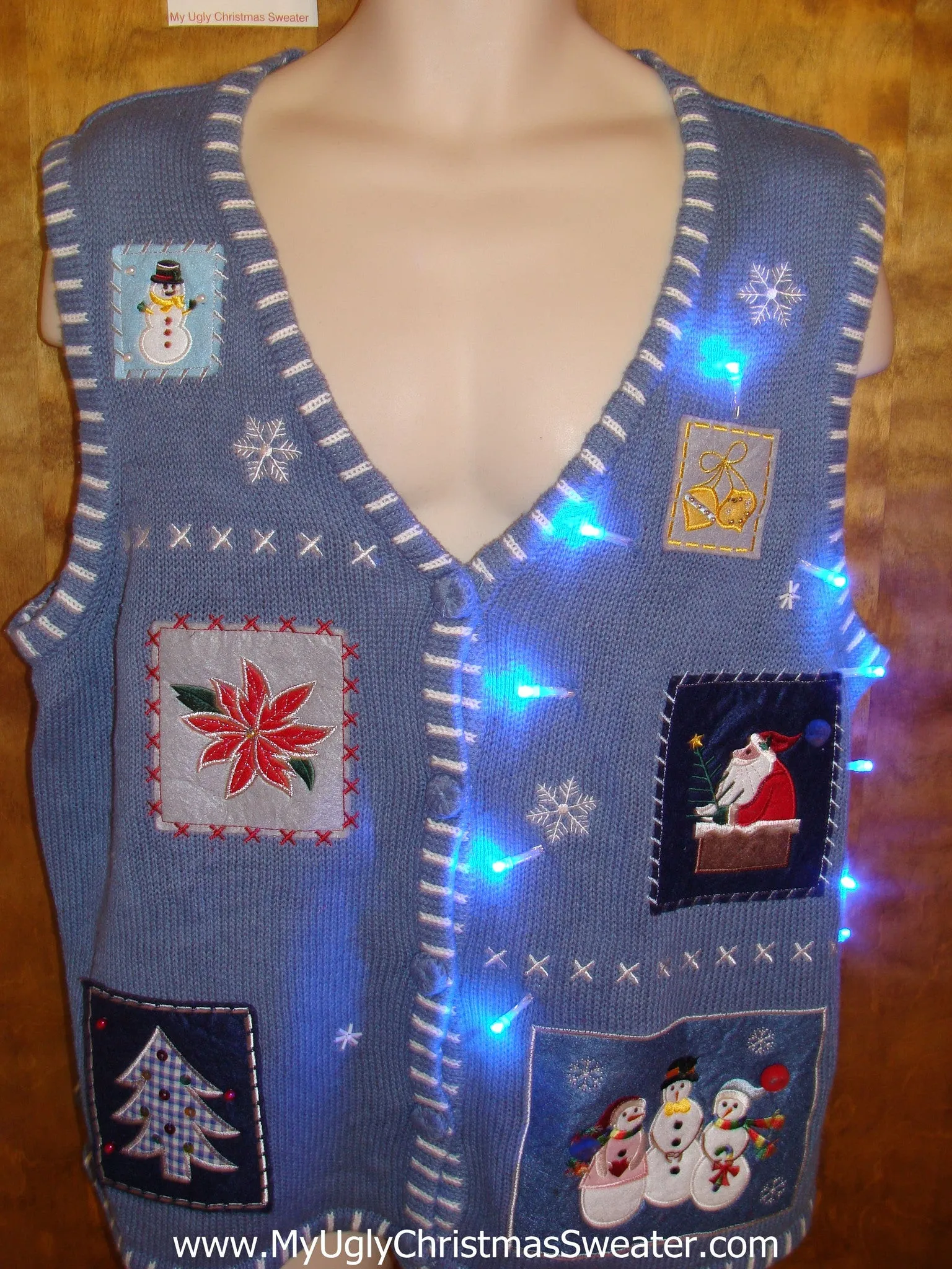 Cute Blue Crafty Christmas Sweater Vest with Lights