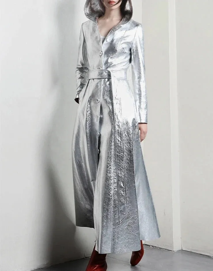 Elegant Silver Metallic Long Trench Coat