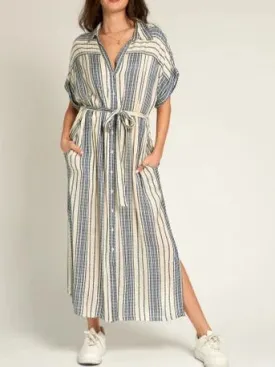 Every Moment Striped Button Down Dress In Blue Stripe