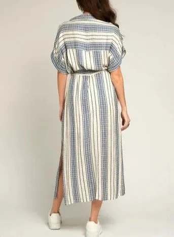 Every Moment Striped Button Down Dress In Blue Stripe