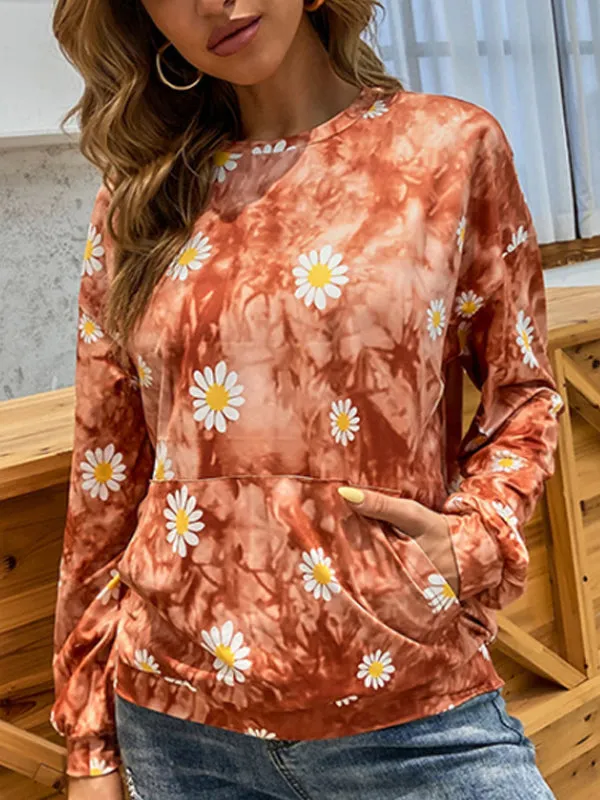 Flower Print Kangaroo Pocket Sweatshirt