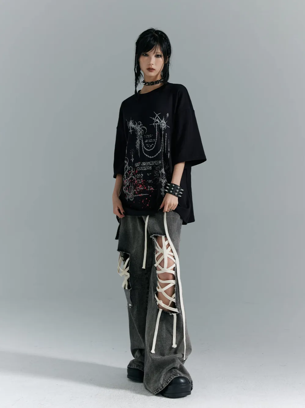 Frustration Garden Gothic Punk Oversized T-Shirt - Black With Abstract Grunge Print And Red Splatter