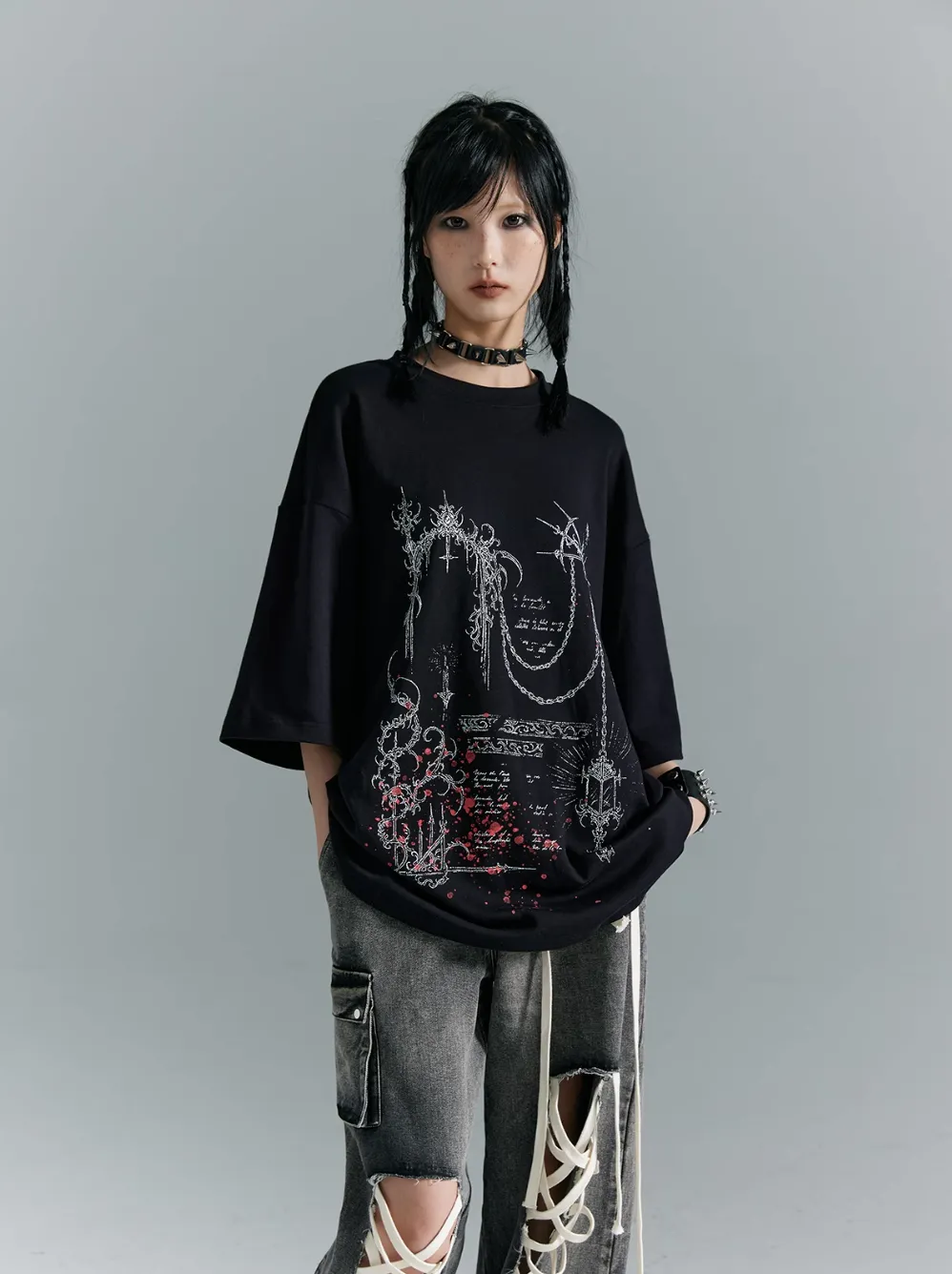 Frustration Garden Gothic Punk Oversized T-Shirt - Black With Abstract Grunge Print And Red Splatter