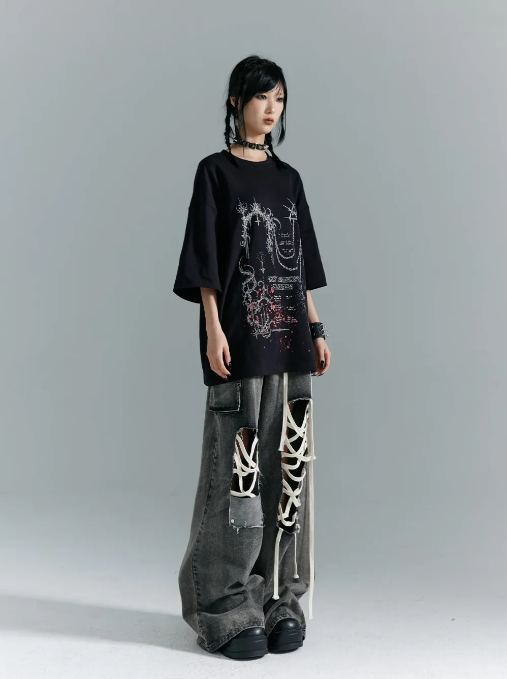 Frustration Garden Gothic Punk Oversized T-Shirt - Black With Abstract Grunge Print And Red Splatter