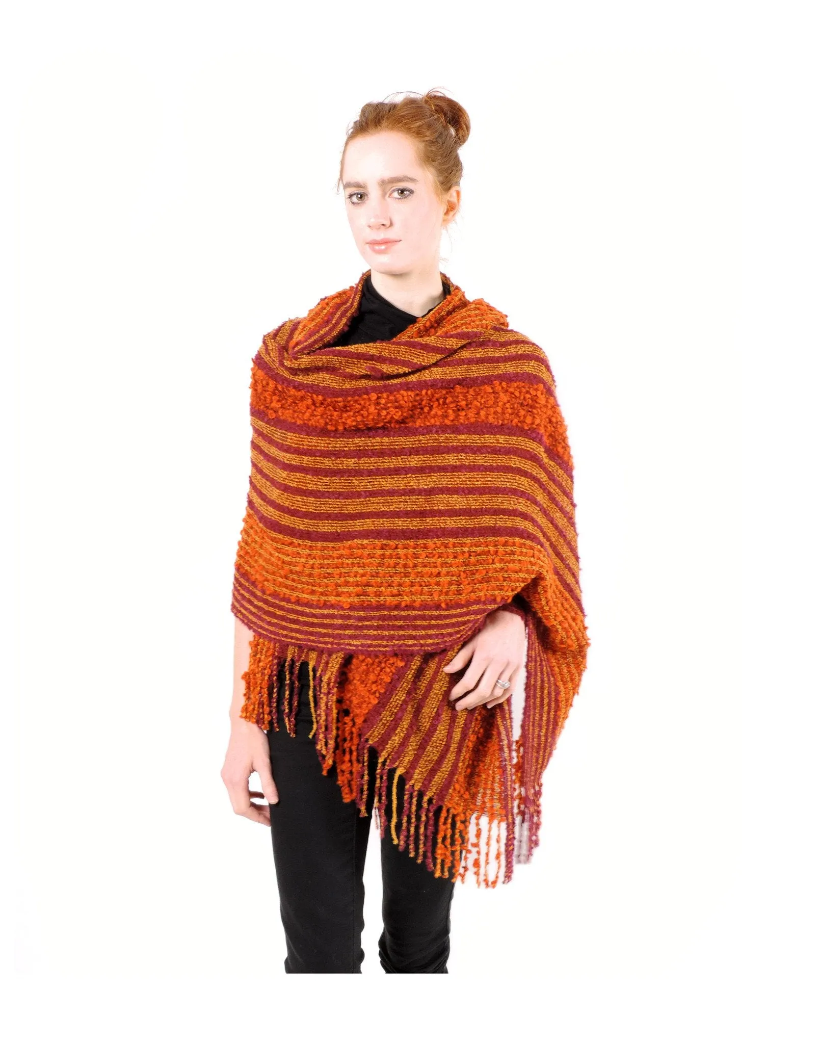 Hand-woven Baby Alpaca Boucle Fantasia Shawl - Orange Burgundy