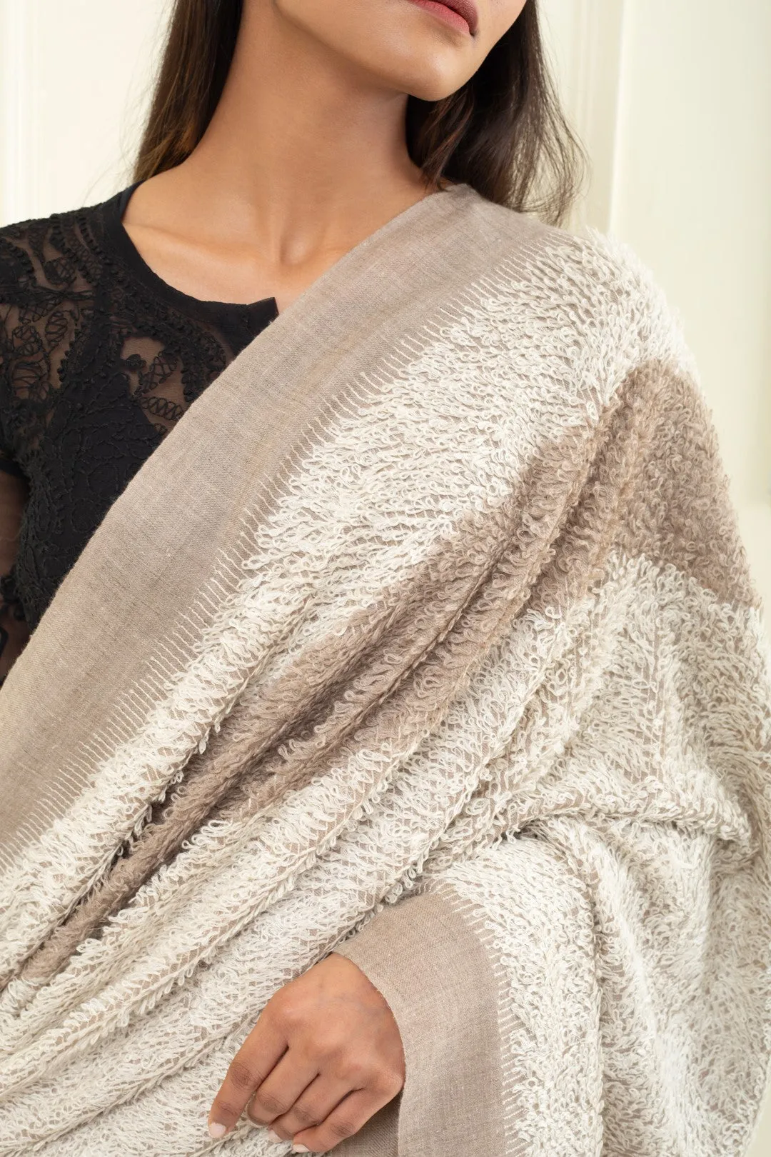 Heather French Taupe And Ivory Dourdar Pashmina Shawl