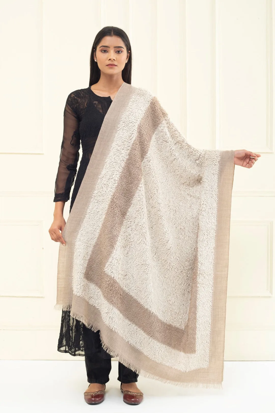 Heather French Taupe And Ivory Dourdar Pashmina Shawl