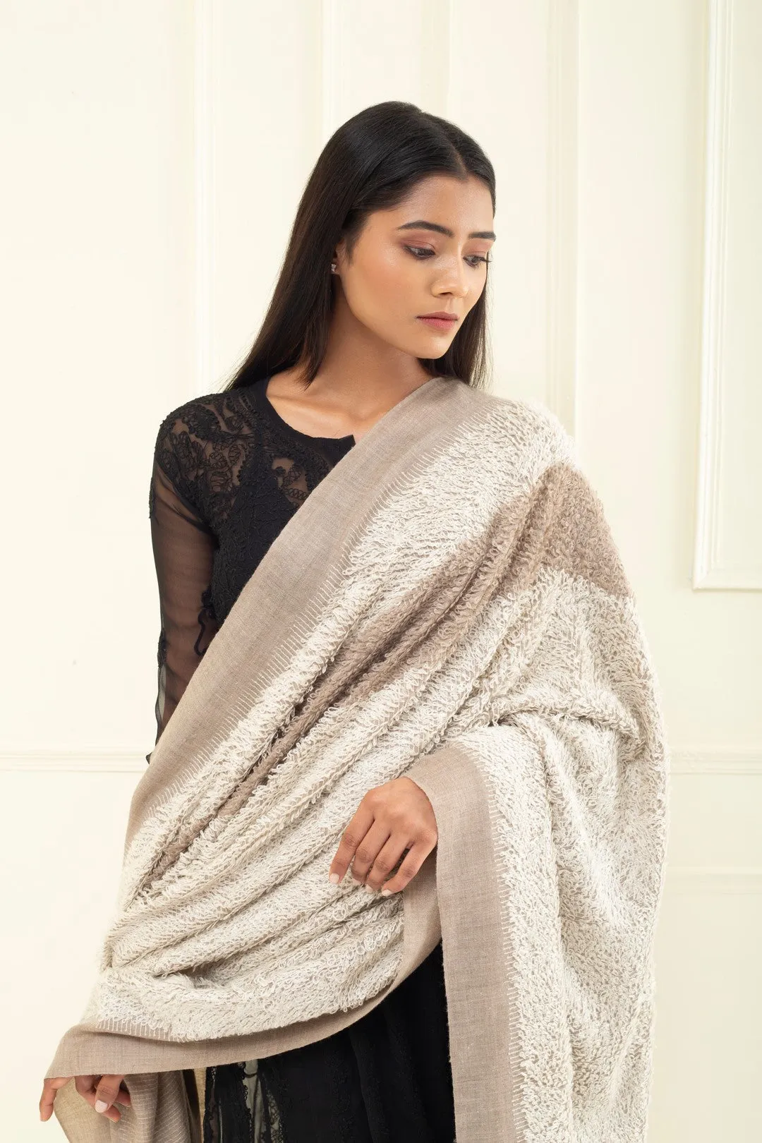 Heather French Taupe And Ivory Dourdar Pashmina Shawl