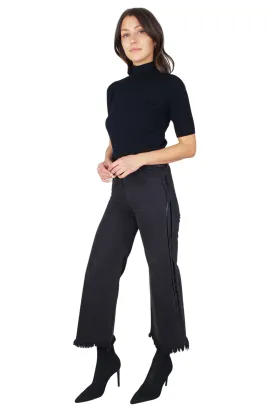 High Rise Straight Pants With Fray Hem And Side Track