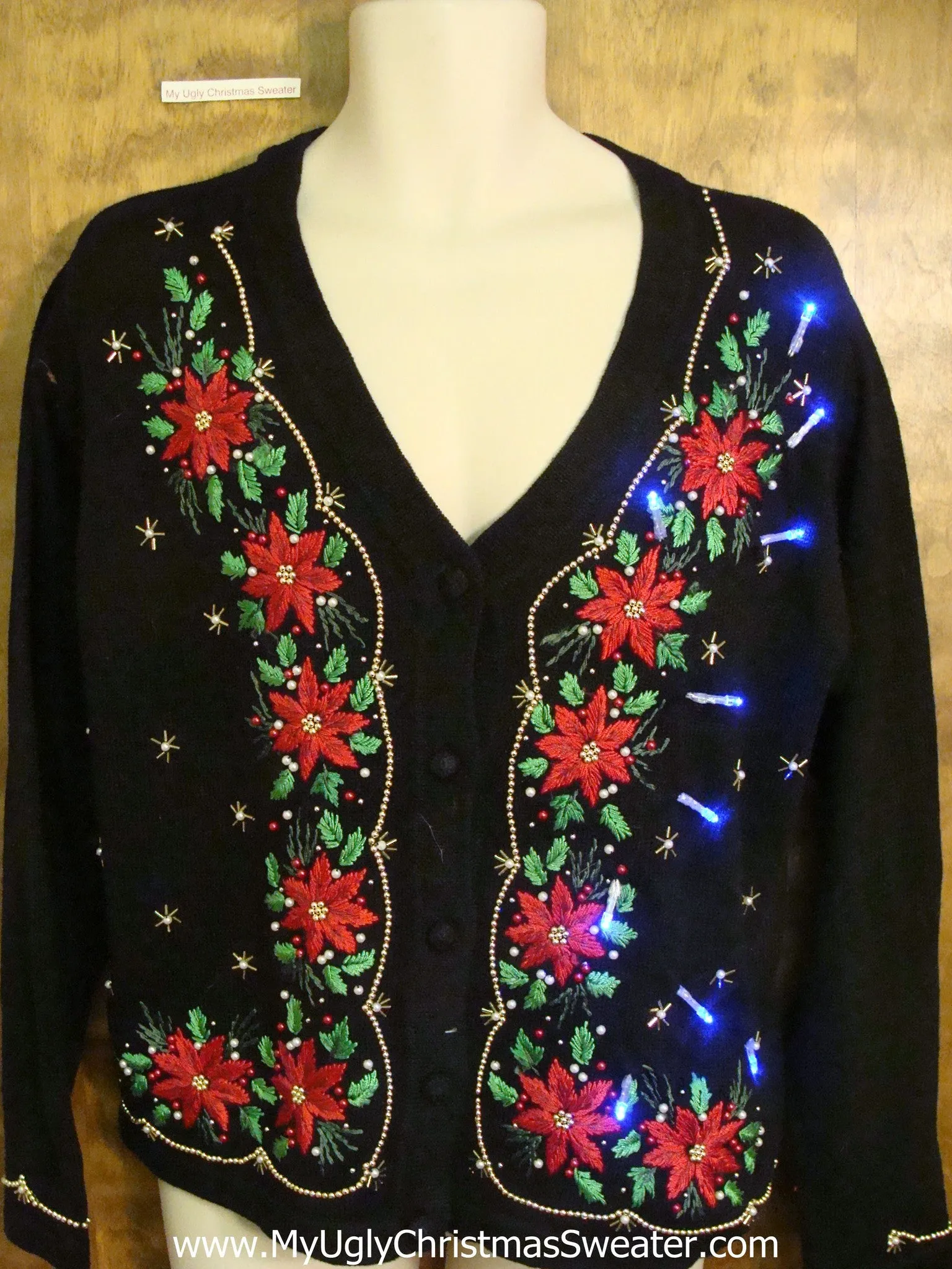 Light Up Cheesy Christmas Sweater with Poinsettias