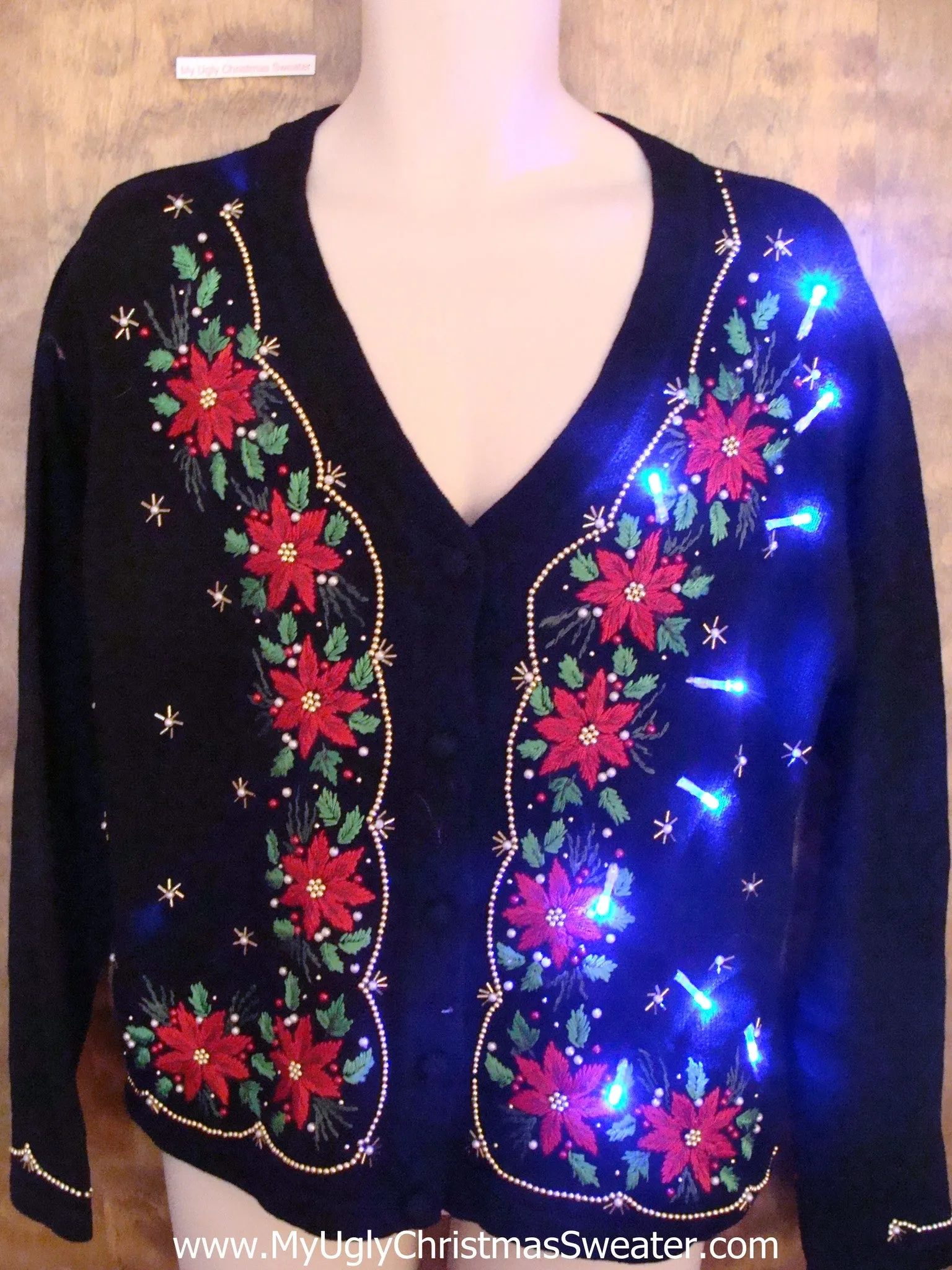 Light Up Cheesy Christmas Sweater with Poinsettias