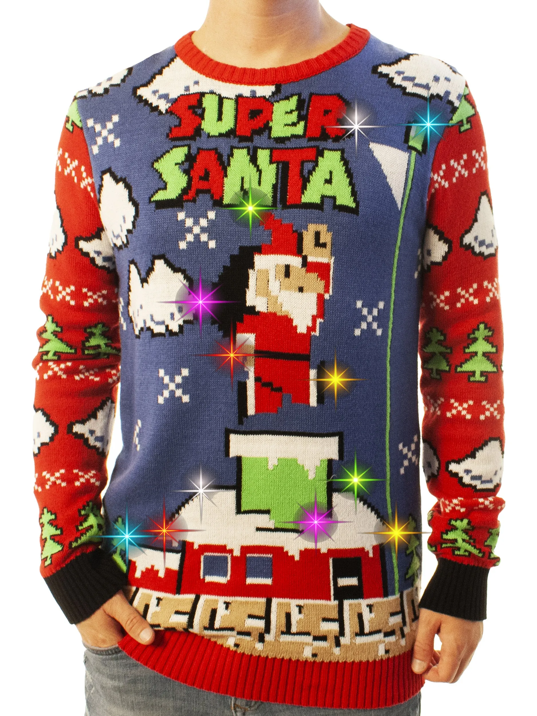 Light Up- Super Santa | Ugly Christmas Sweater For Men & Women | Unisex Sizing