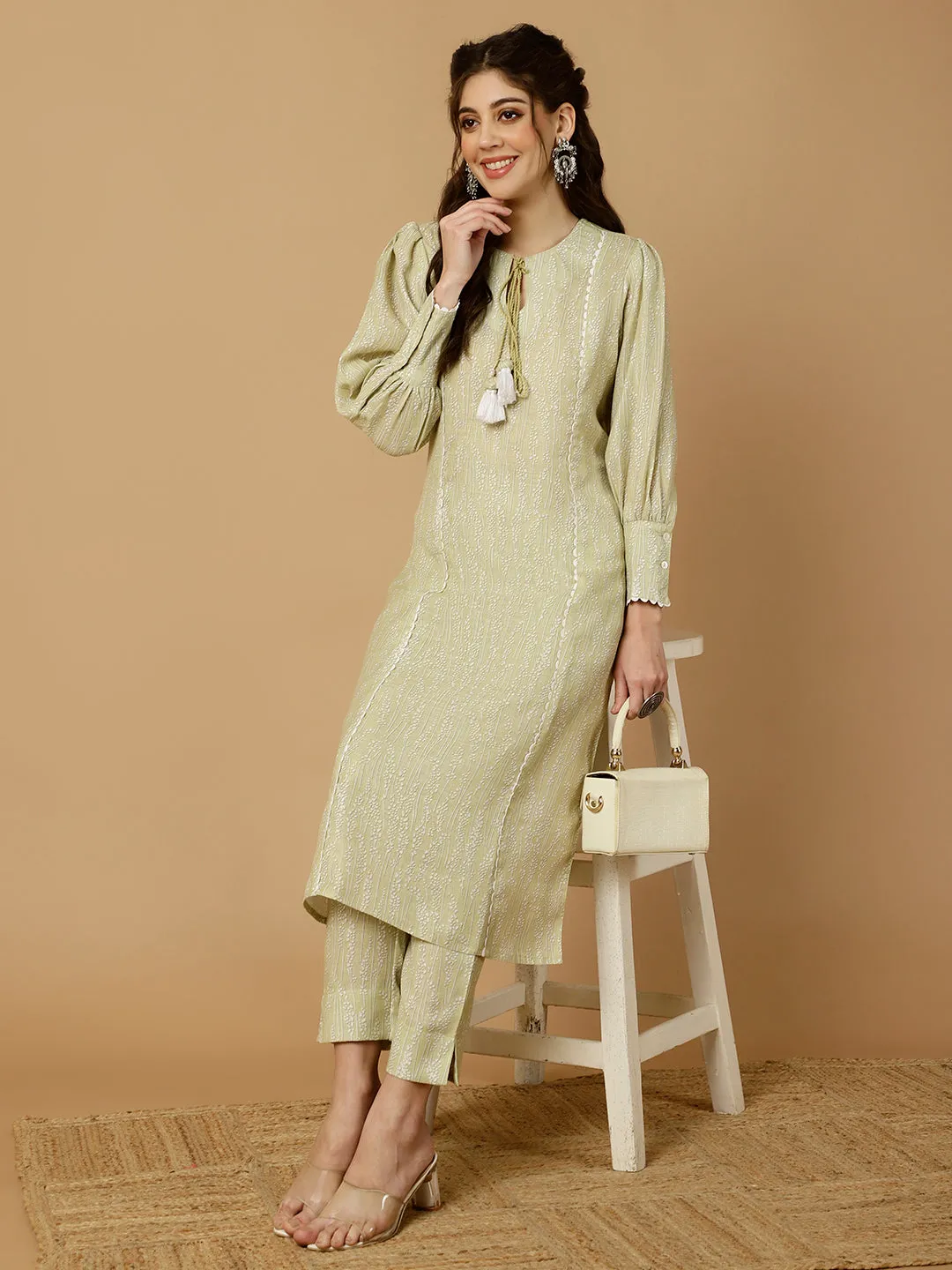 Lime Green Abstract Printed Straight Kurta With Pants