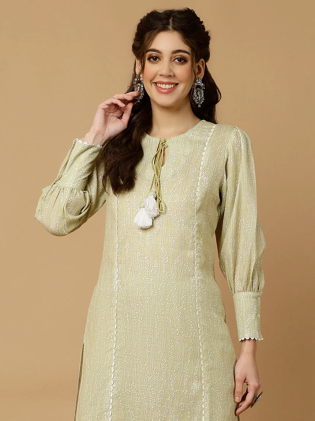 Lime Green Abstract Printed Straight Kurta With Pants