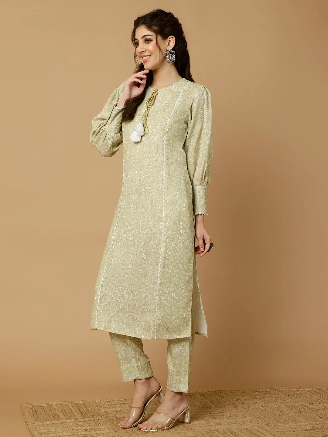 Lime Green Abstract Printed Straight Kurta With Pants