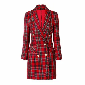 Long Sleeve Red Checked Blazer Dress