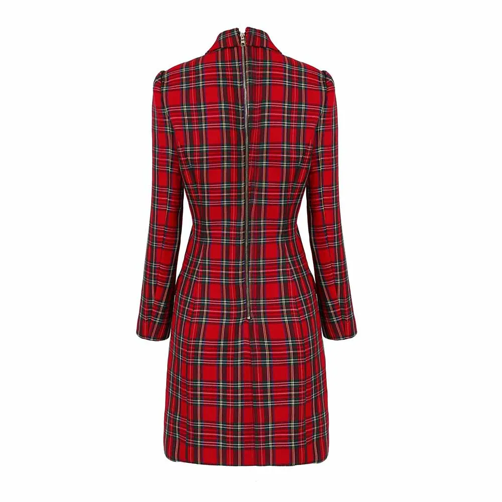 Long Sleeve Red Checked Blazer Dress