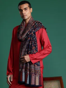 Men Navy Blue Floral Woven Design Kashmiri Kaani Wollen Shawl