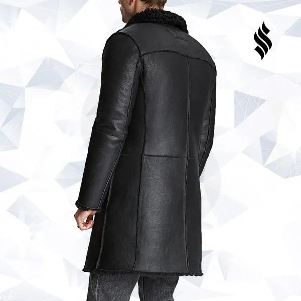 Mens Black Shearling Leather Trench Coat