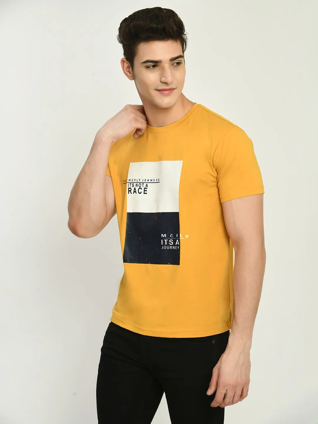 Men’s Printed Round Regular Fit T-Shirt - Mustard Yellow