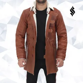 Mens Tan Bane Shearling Leather Trench Coat