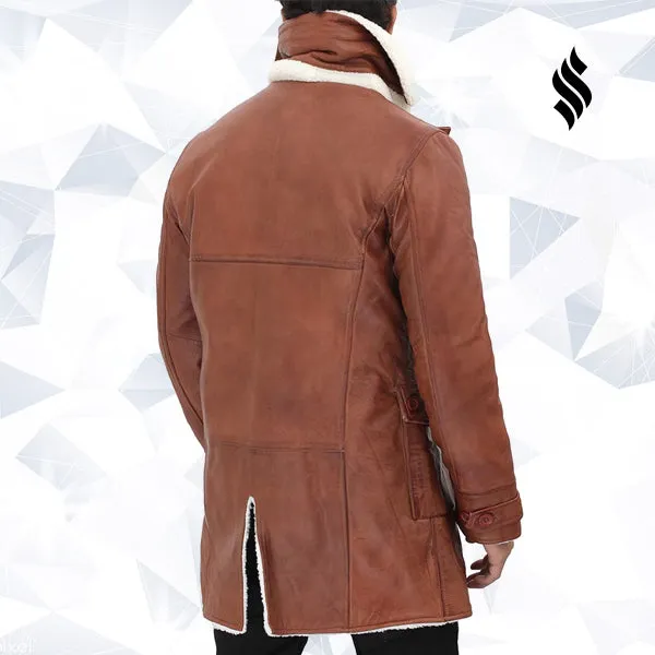 Mens Tan Bane Shearling Leather Trench Coat