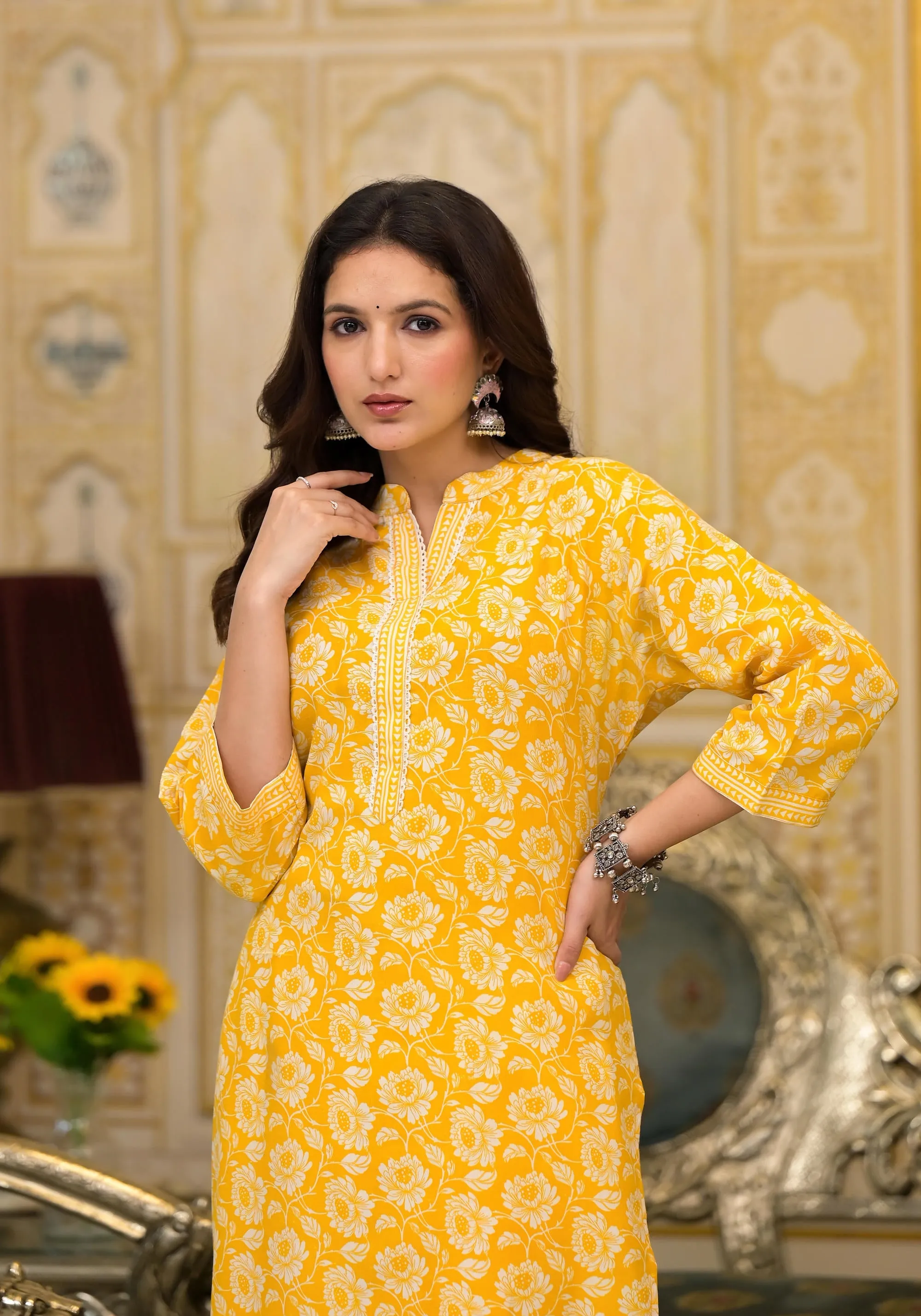 Mustard Floral Printed Cotton Kurta & Pant Set With Lace