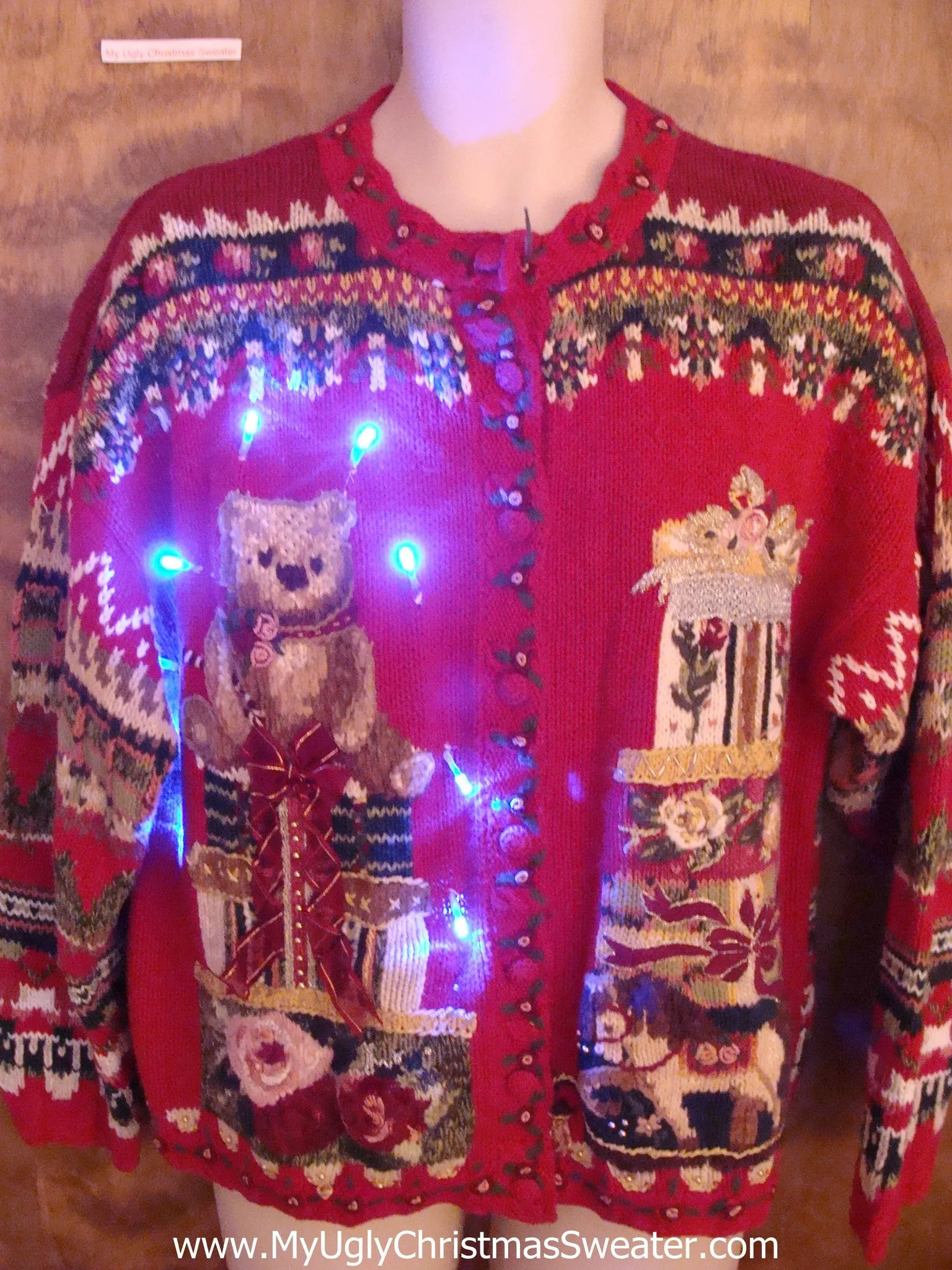 Ornate 80s Bear and Gifts Light Up Tacky Christmas Jumper