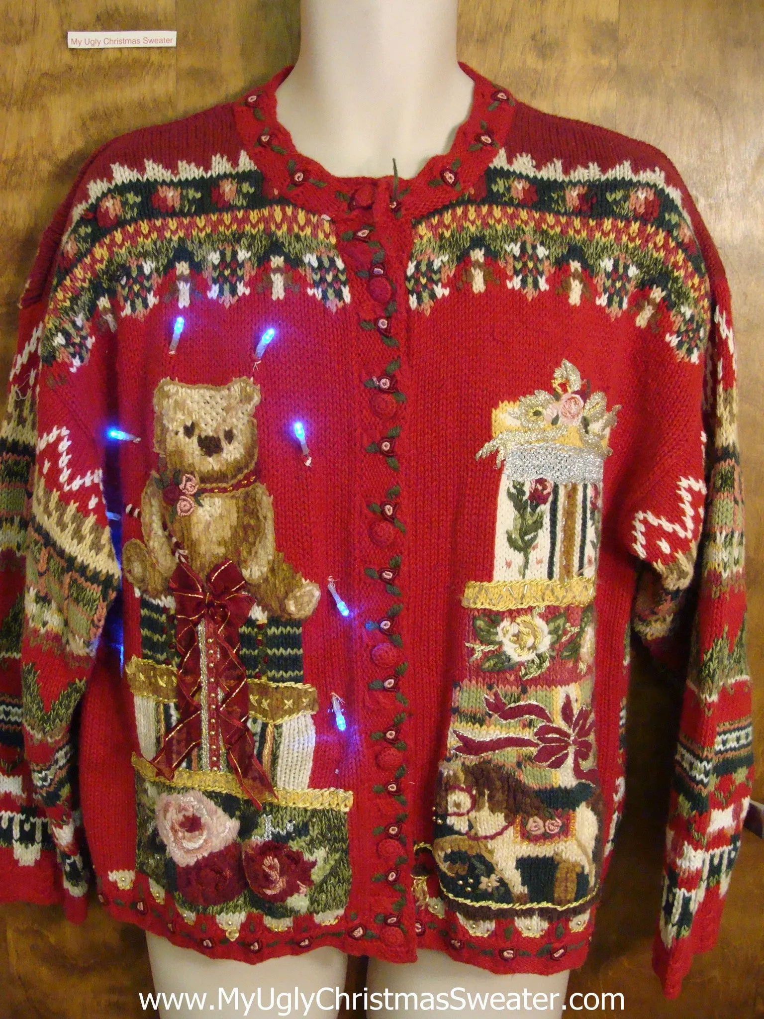 Ornate 80s Bear and Gifts Light Up Tacky Christmas Jumper