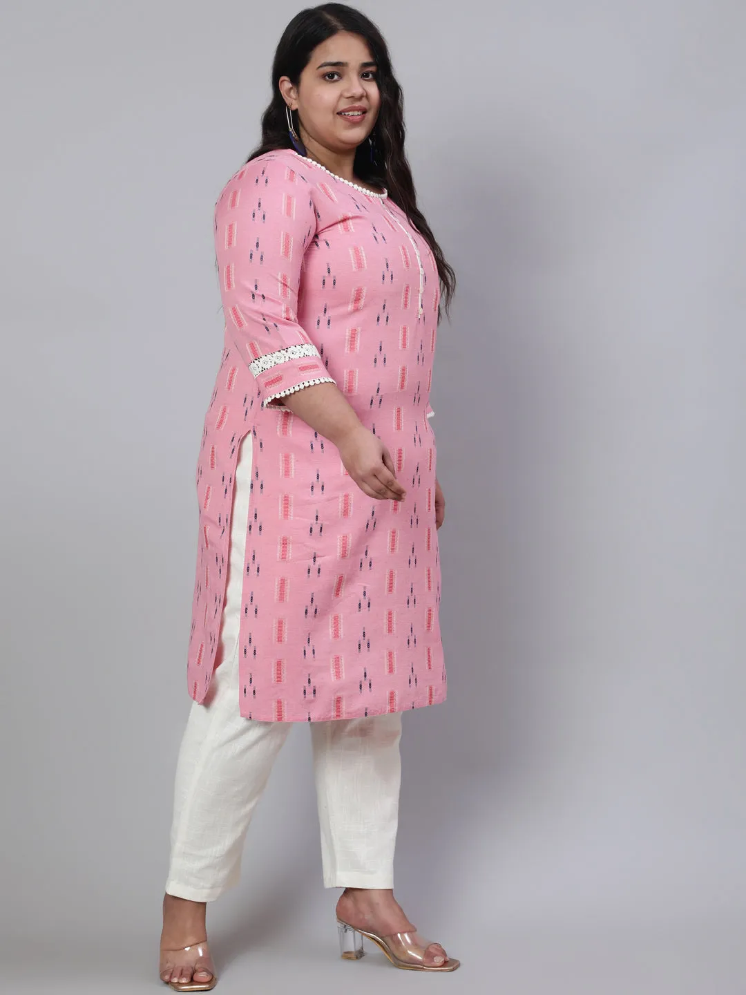 Plus Size Pink Self Weaved Straight Kurta With Off-White Pants