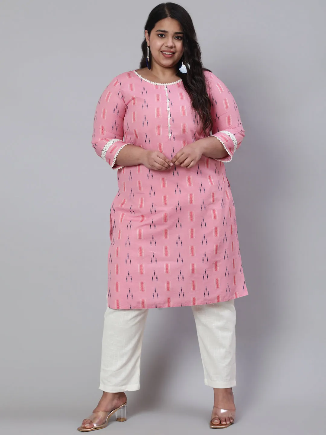 Plus Size Pink Self Weaved Straight Kurta With Off-White Pants