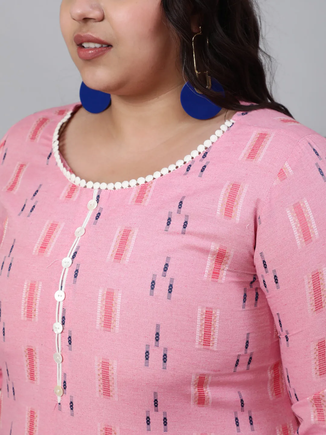 Plus Size Pink Self Weaved Straight Kurta With Off-White Pants