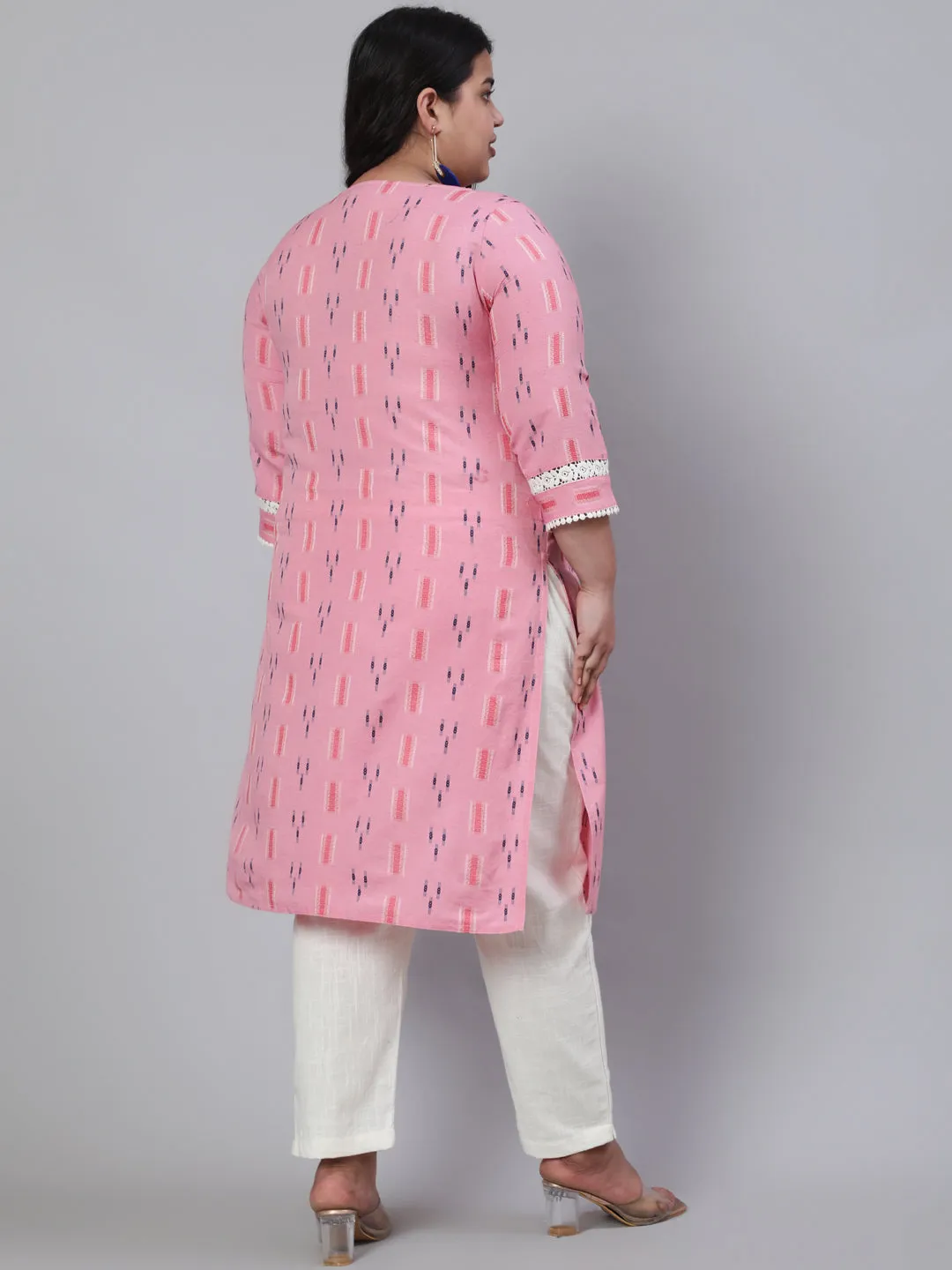 Plus Size Pink Self Weaved Straight Kurta With Off-White Pants