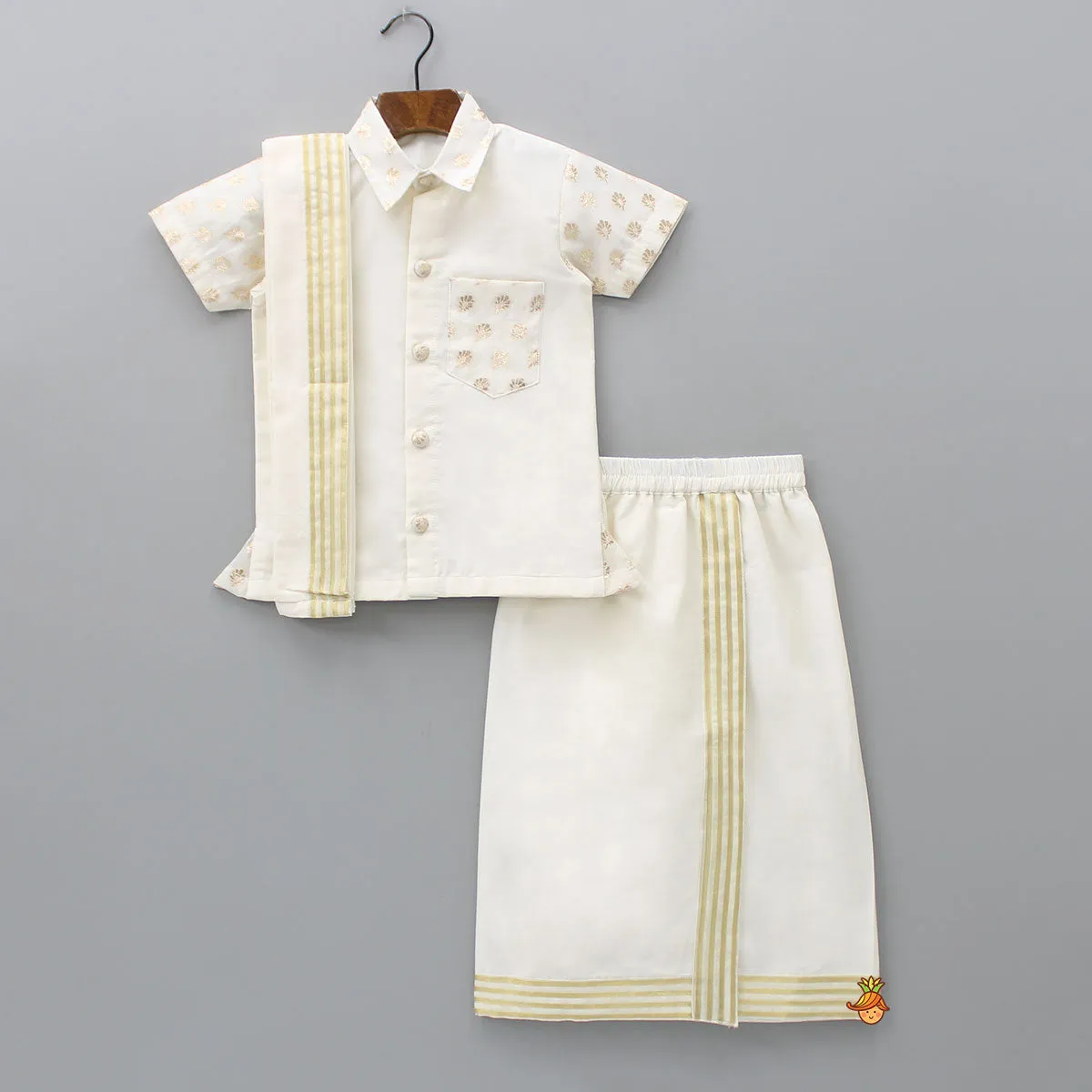 Pre Order: Exquisite Off White Shirt And Stitched Lungi With Shawl