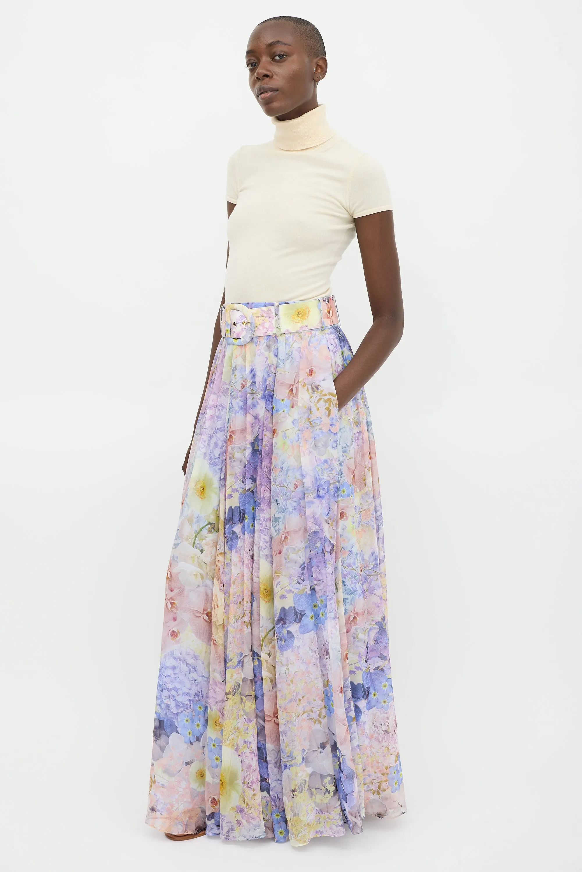 Purple & Multicolour Cotton & Silk Floral Maxi Skirt